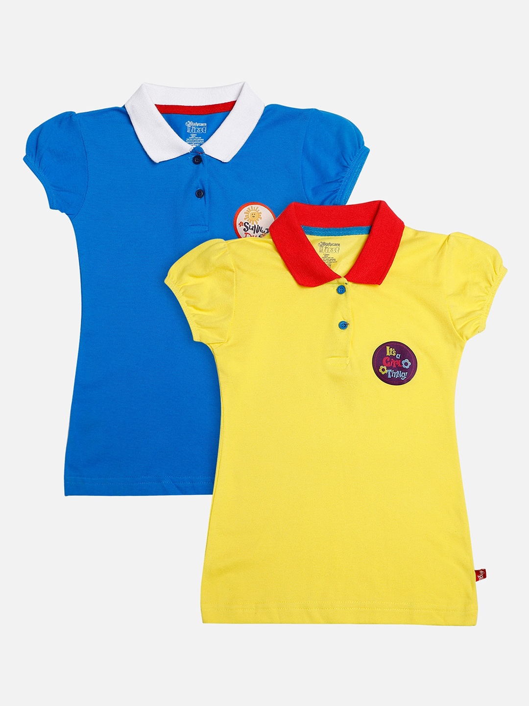 

Bodycare First Girls Pack Of 2 Yellow & Blue Solid Polo Collar T-shirts