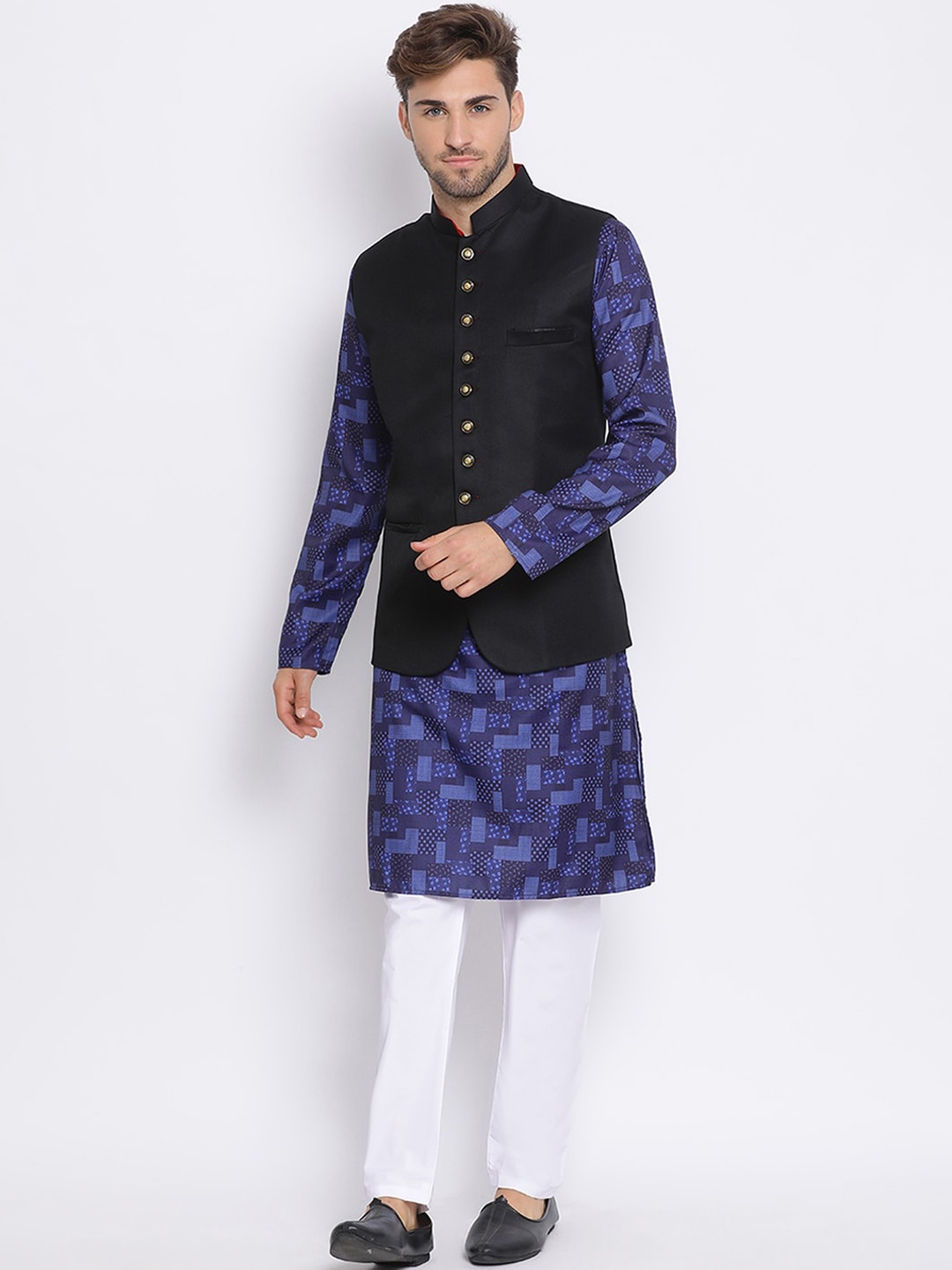 

Hangup Men Blue & White Printed Kurta with Pyjamas & Nehru Jacket