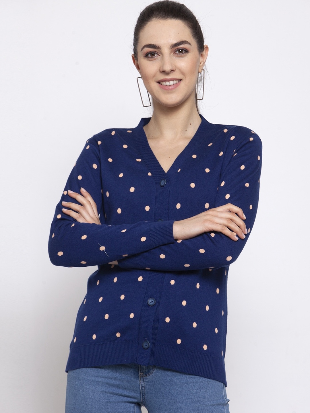 

Kalt Women Navy Blue & Beige Polka Dot Printed Cardigan Sweater