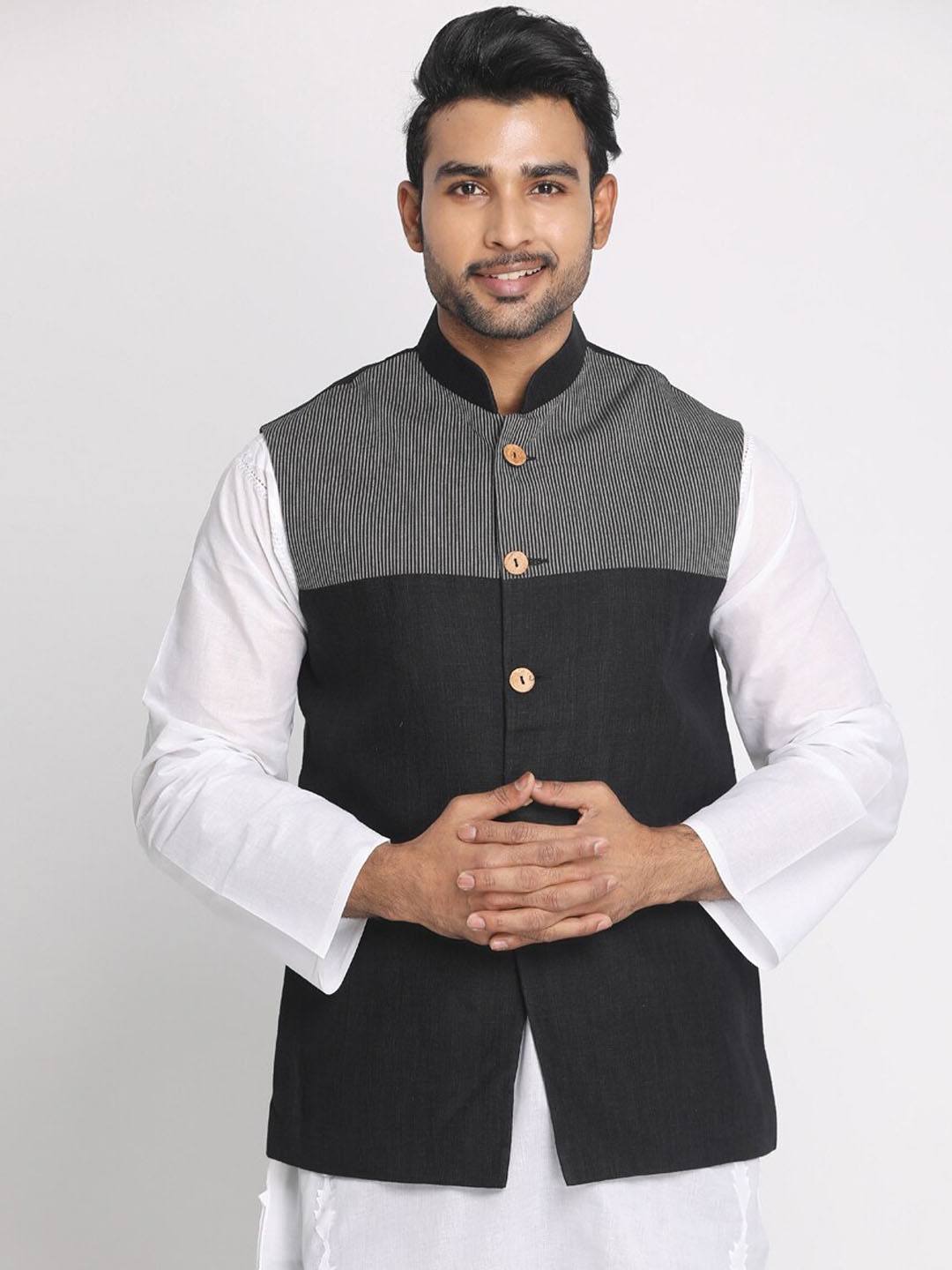 

Nakshi Men Black & White Woven-Design Nehru Jacket