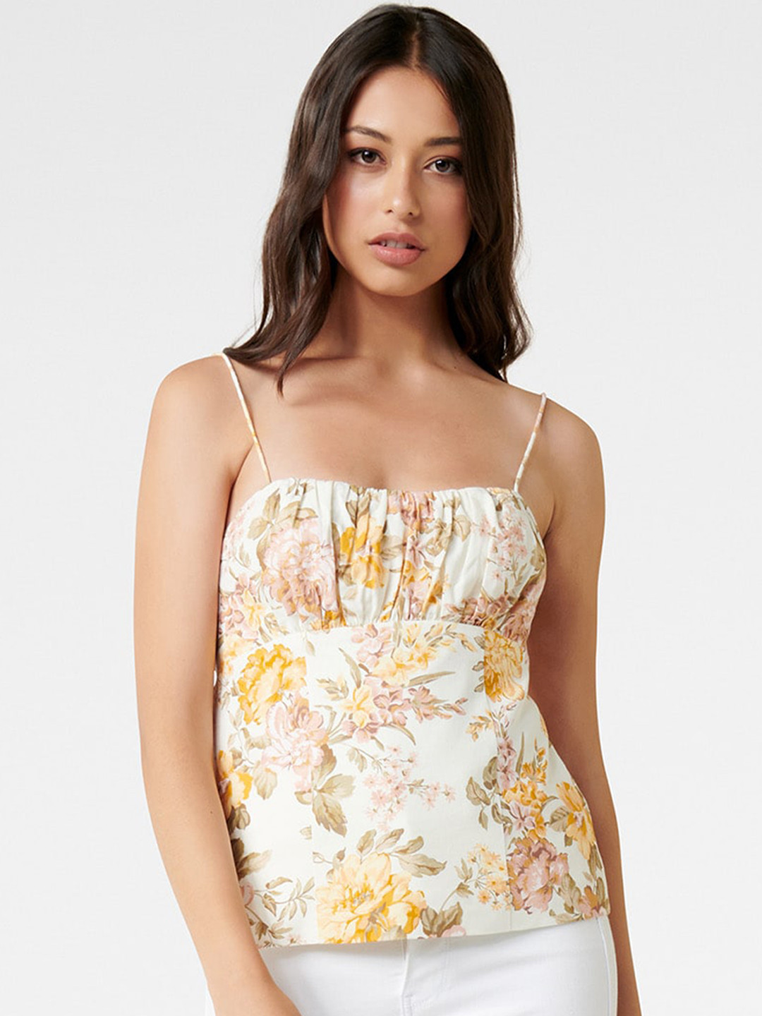 

Forever New White & Yellow Floral Printed Regular Top
