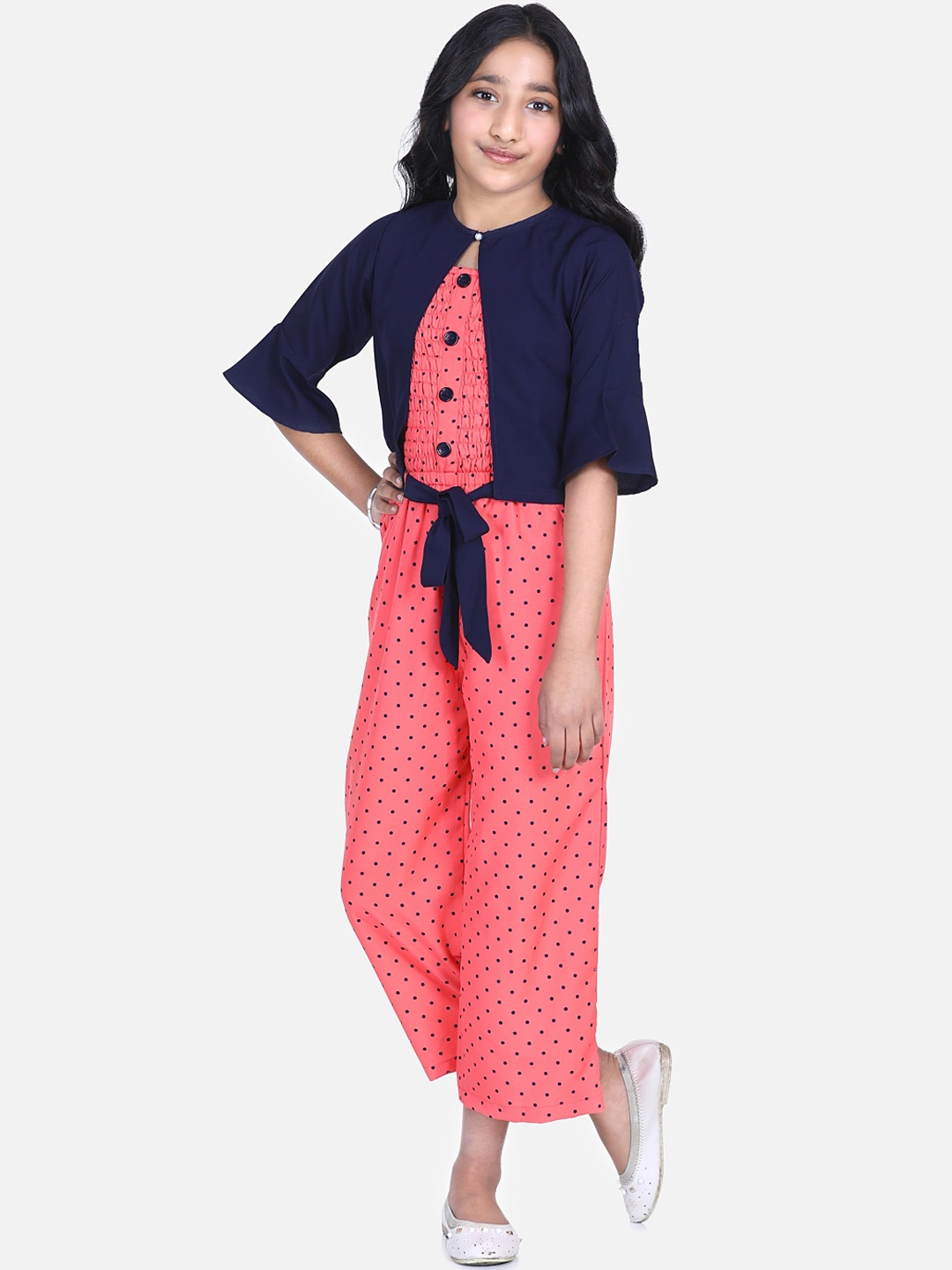 

LilPicks Girls Pink & Navy Blue Printed Basic Jumpsuit