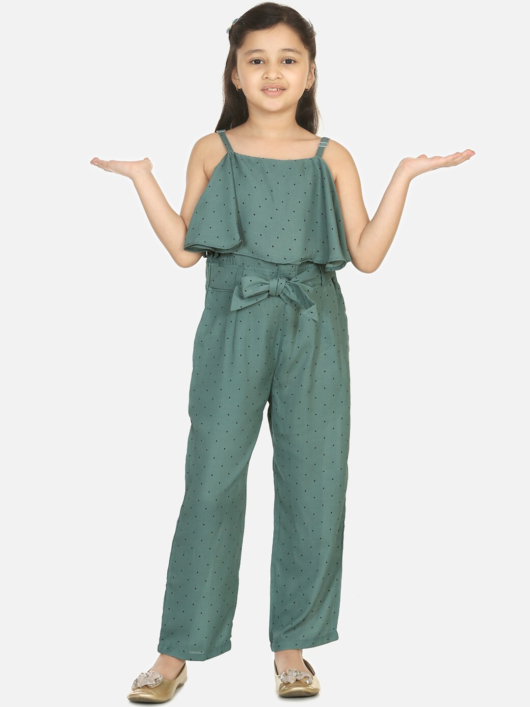 

LilPicks Girls Green Printed Basic Jumpsuit