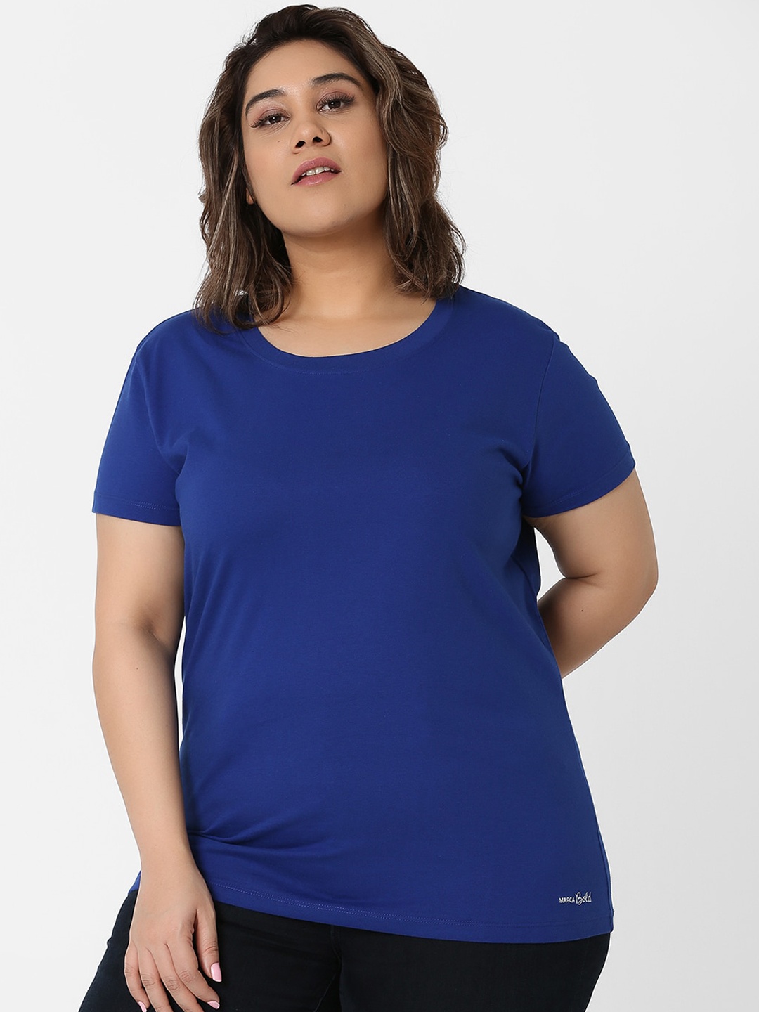 

MARCA Bold Women Blue Solid Round Neck Pure Cotton T-shirt