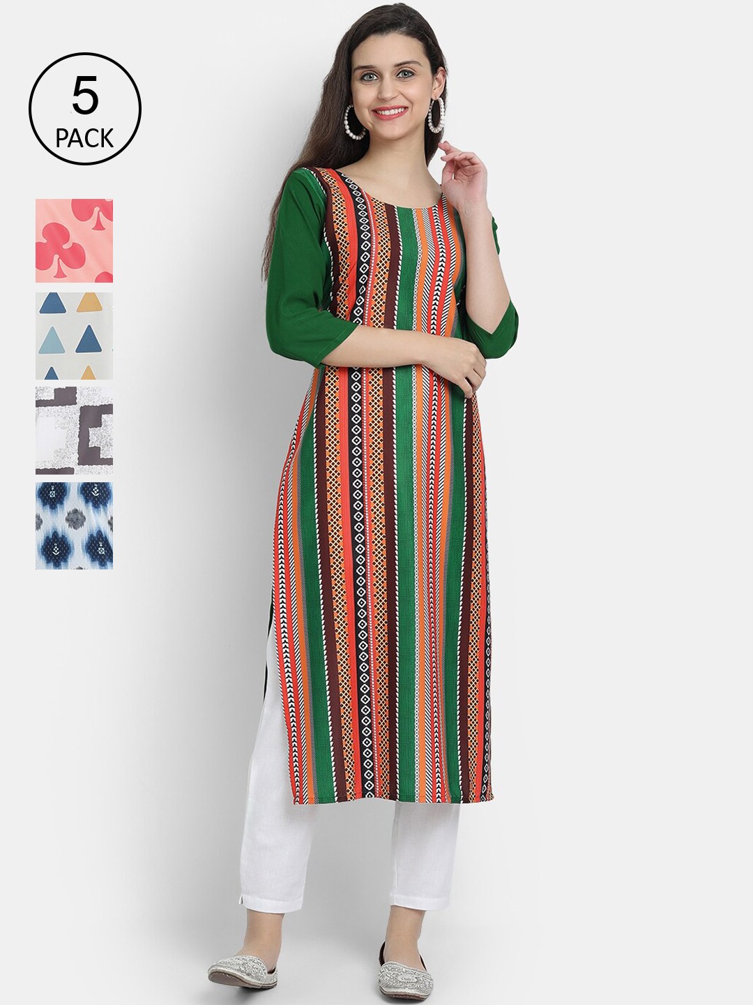 

7threads Women Pack Of 5 Multicoloured Geometric Printed Crepe Kurta, Multi