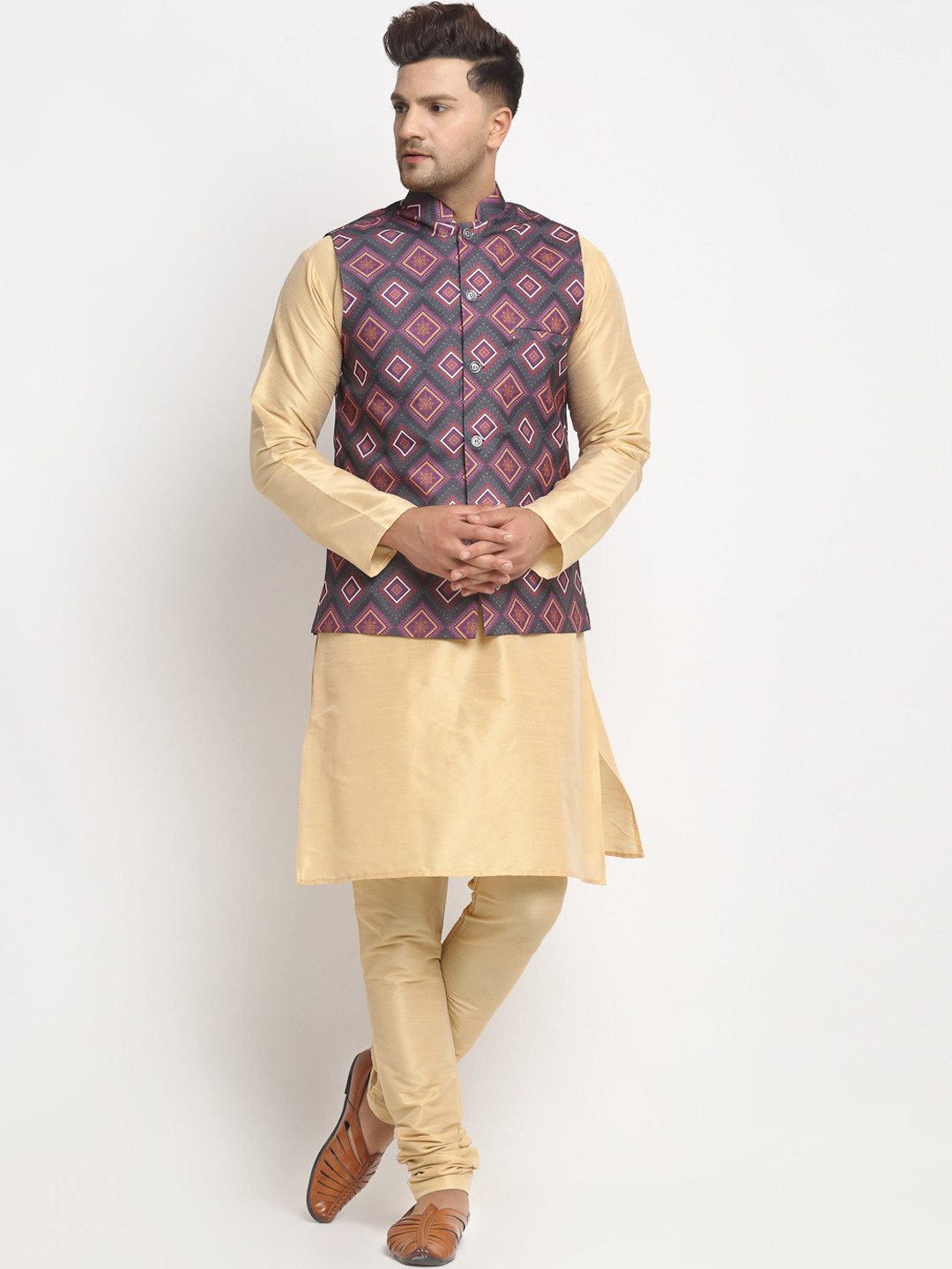 

Benstoke Men Gold-Toned & Pink Solid Kurta with Churidar & Nehru Jacket