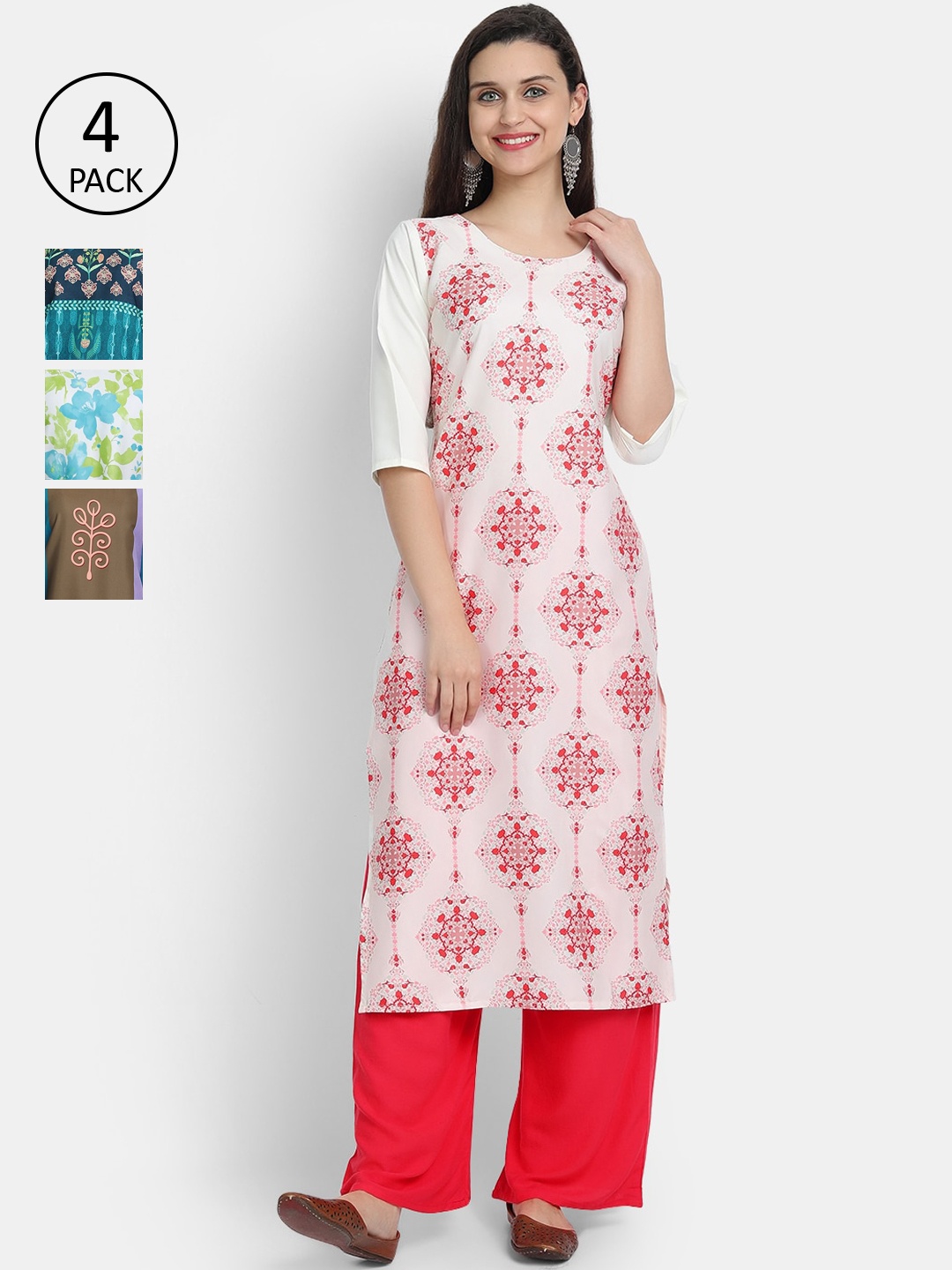 

7threads Women Pack of 4 Multicoloured Floral Printed Crepe Kurta, Multi