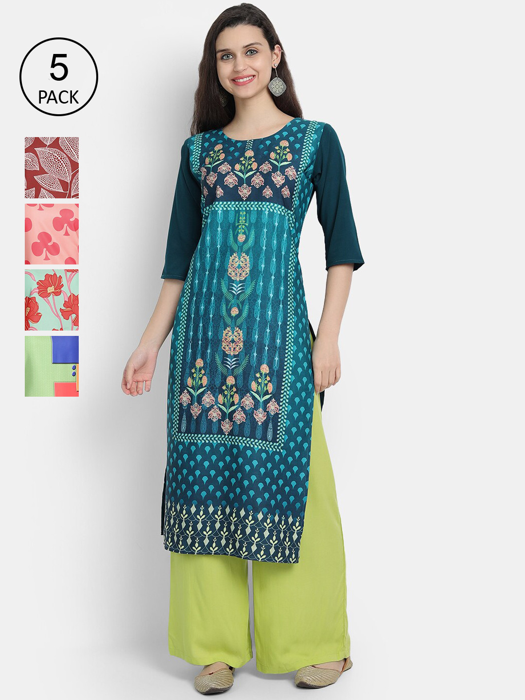 

7threads Women Pack of 5 Floral Printed Straight Kurta, Multi
