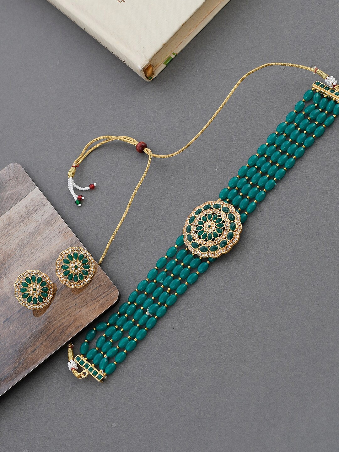

Silvermerc Designs Gold-Plated Green & White AD & Stone-Studded Beaded Handcrafted Jewellery Set