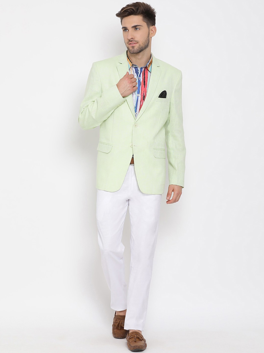 

Hangup Men Green & White Solid Single-Breasted Three-Piece Casual Suit