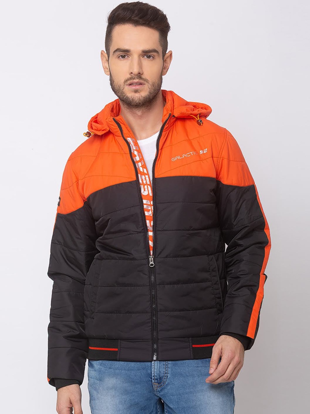 

SPYKAR Men Orange & Black Colourblocked Padded Jacket