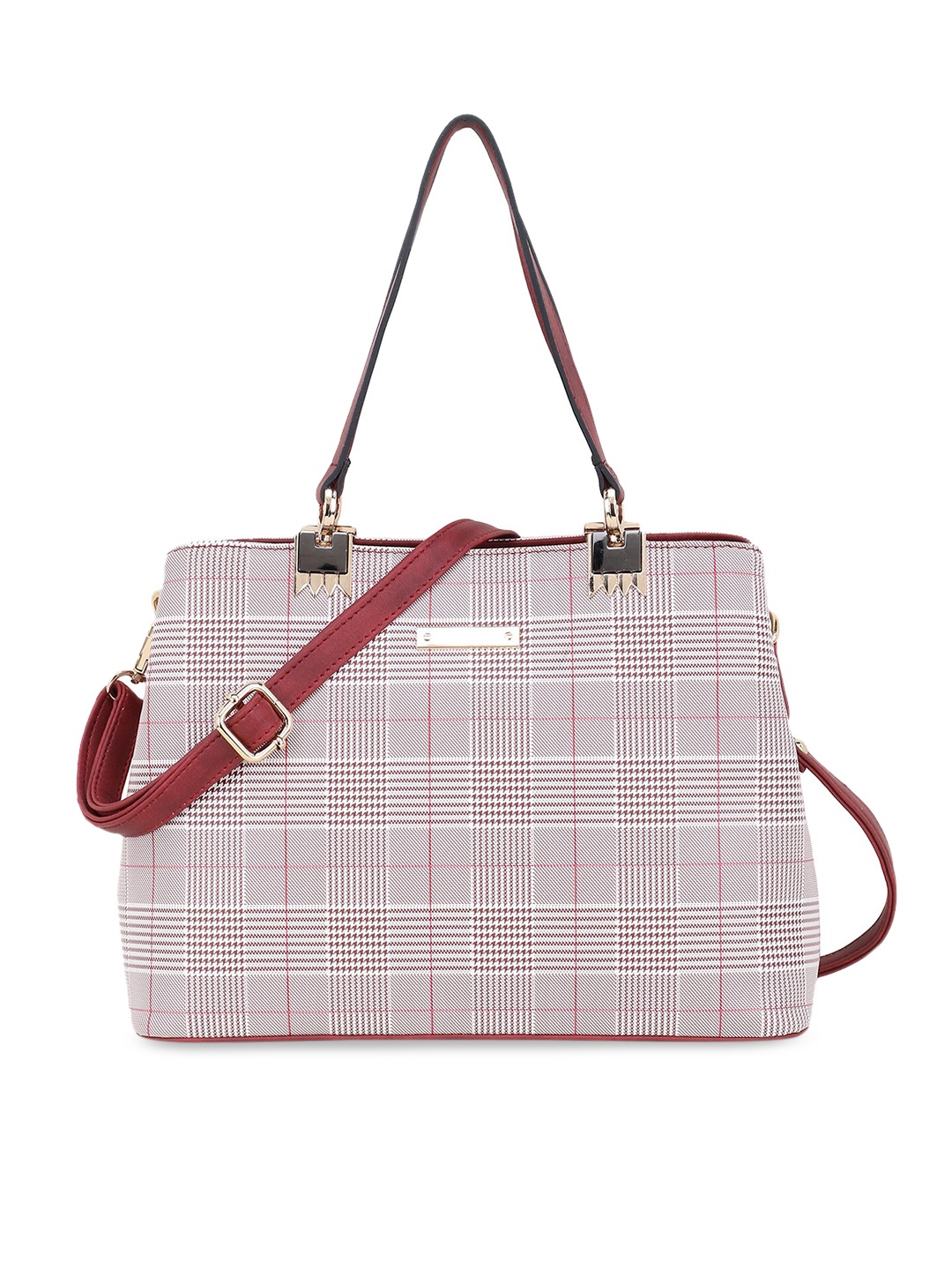 

WOMEN MARKS Maroon & White Checked Shoulder Bag