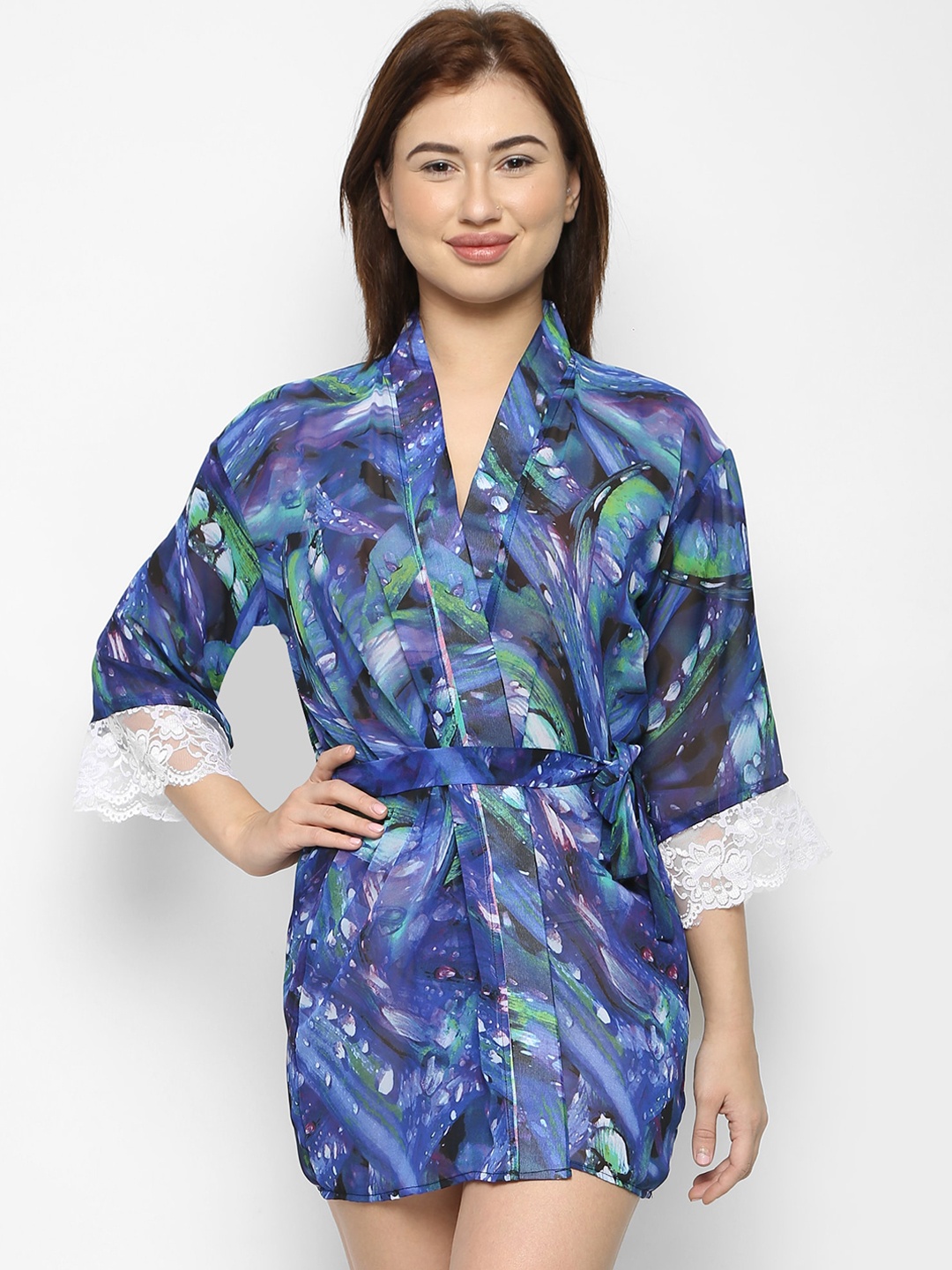 

Ms.Lingies Women Blue & Green Printed Satin Mini Robe With G-String