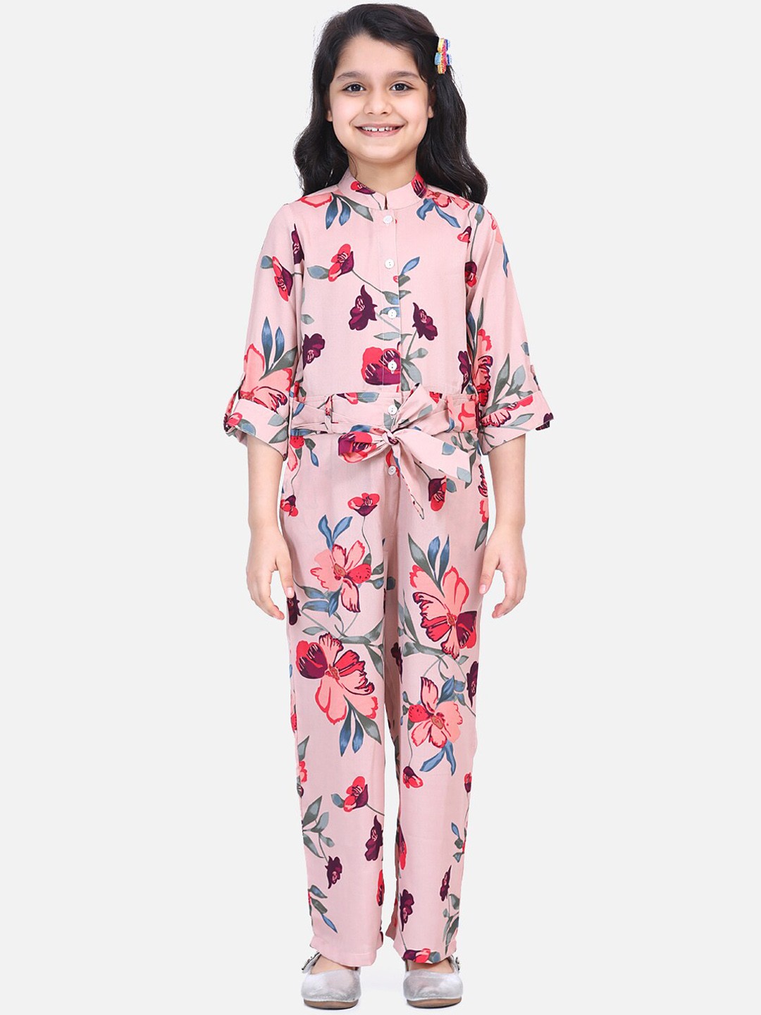 

LilPicks Girls Pink & Blue Floral Print Basic Jumpsuit