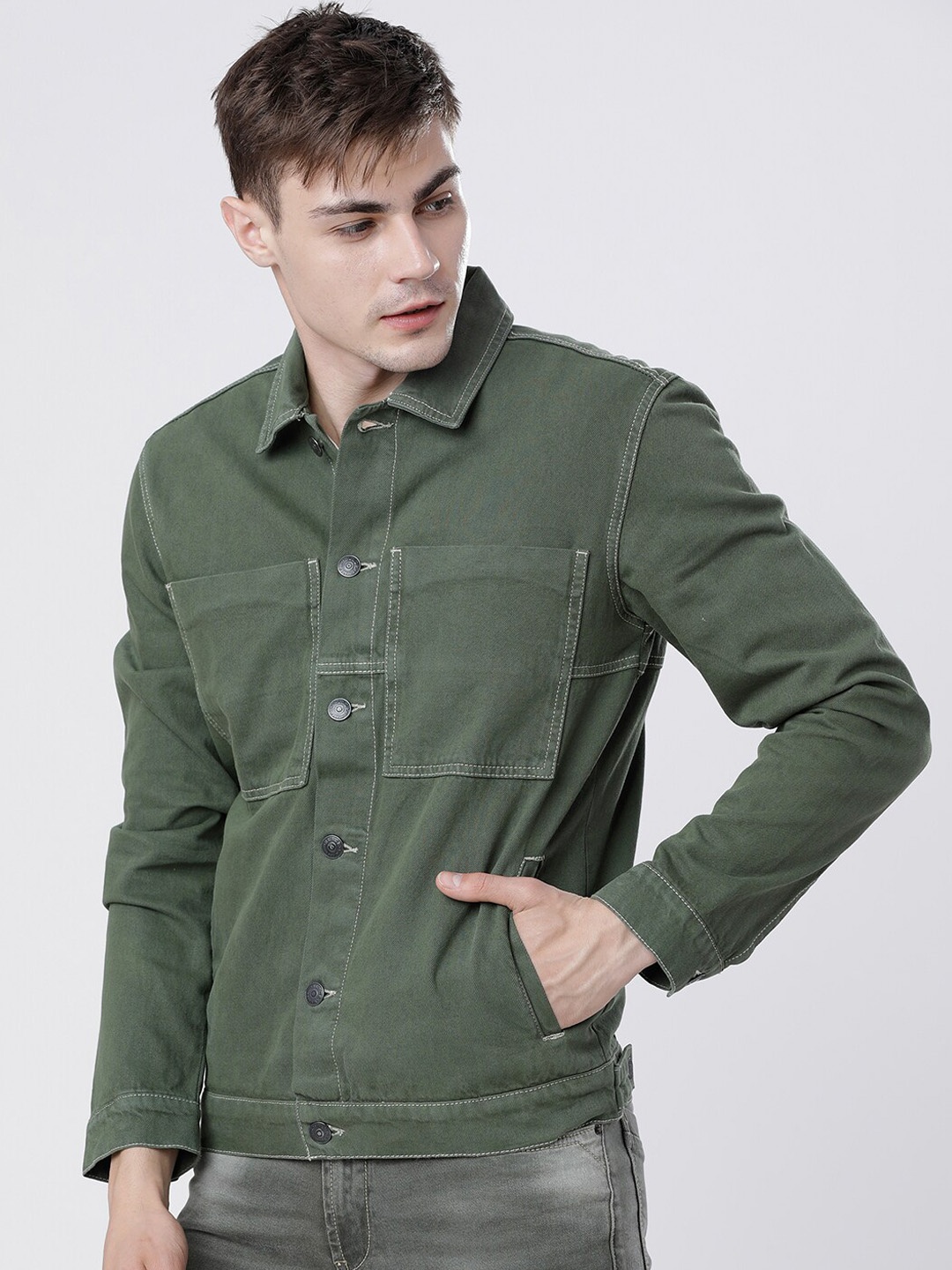 

HIGHLANDER Men Green Printed Denim Jacket