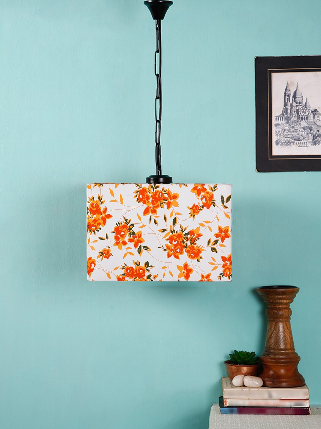 Devansh Off-White & Orange Printed Traditional Hanging Lamp