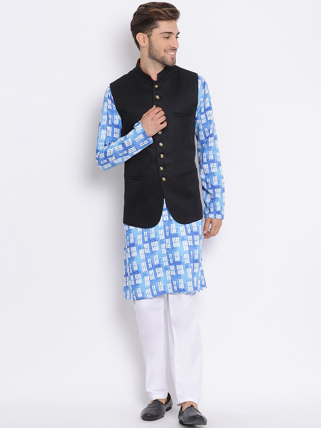 

Hangup Men Blue & White Printed Kurta Set with Waistcoat