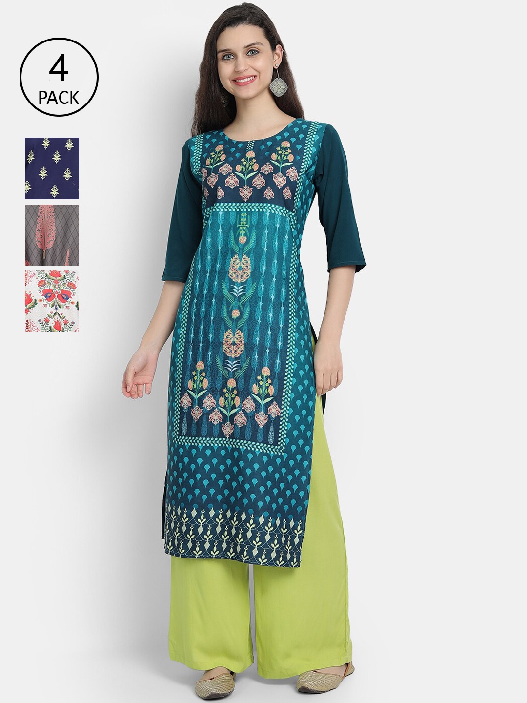 

7threads Women Pack Of 4 Ethnic Motifs Printed Crepe Kurta, Multi