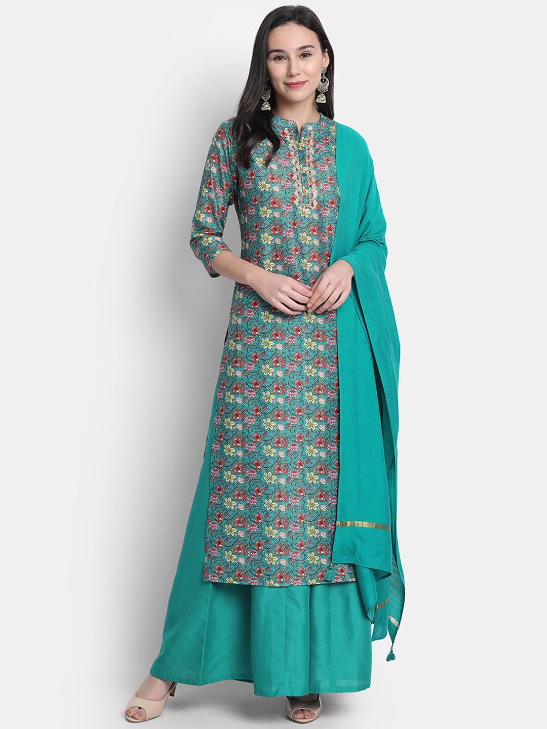 Janasya Women Green Printed Kurta with Palazzos & Dupatta