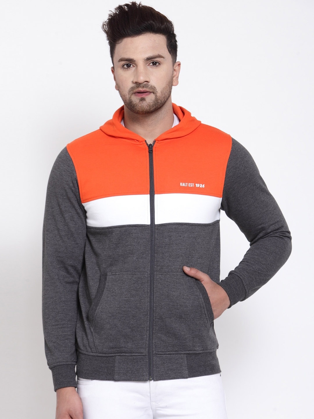 

Kalt Men Grey &Orange Colourblocked Sporty Jacket