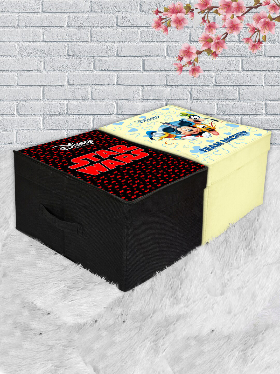 

Kuber Industries Set Of 2 Disney Print Foldable Storage Organizer Box With Lid & Handles, Cream