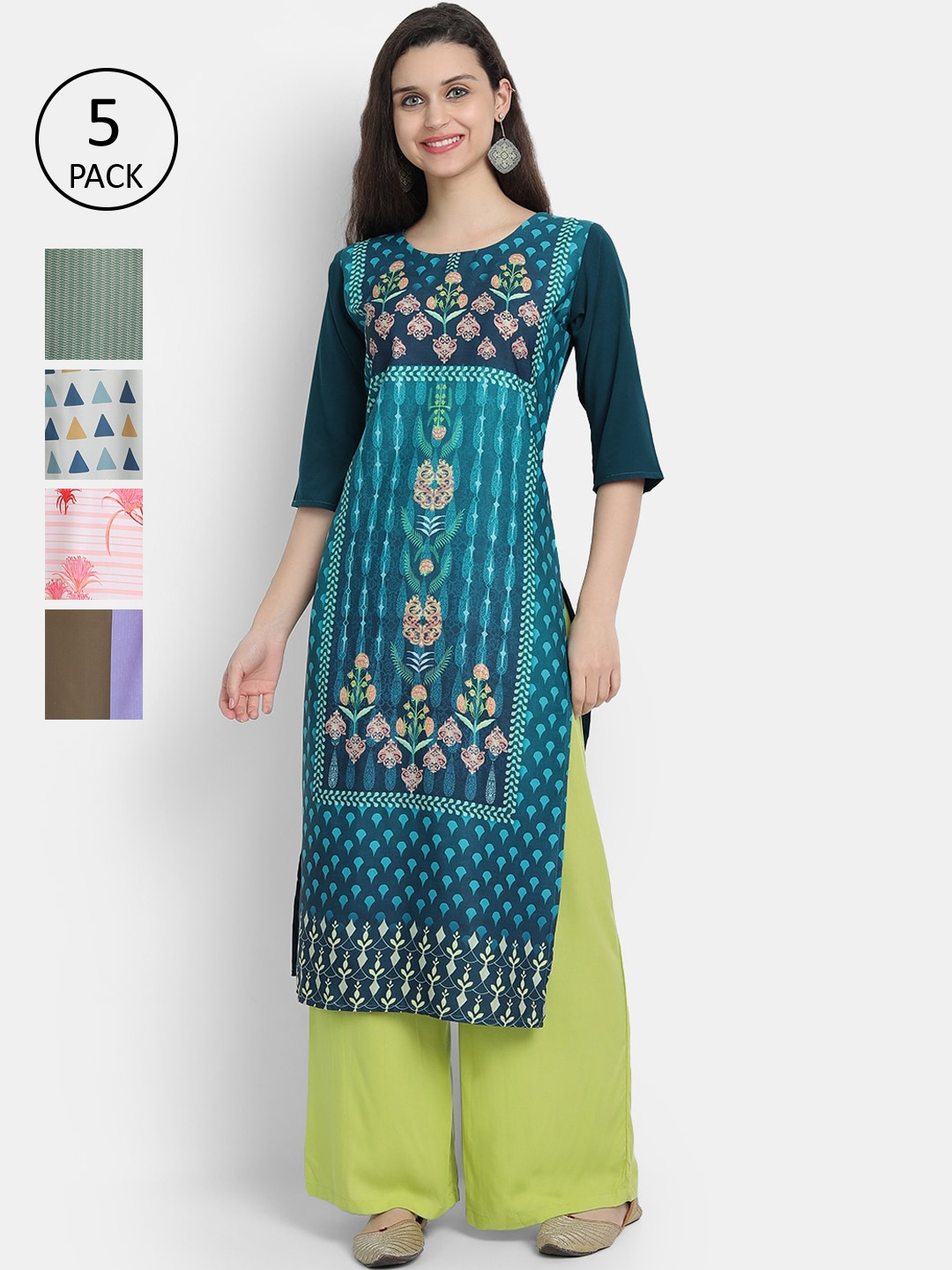 

7threads Women Pack of 5 Multicoloured Ethnic Motifs Printed Crepe Kurta, Multi