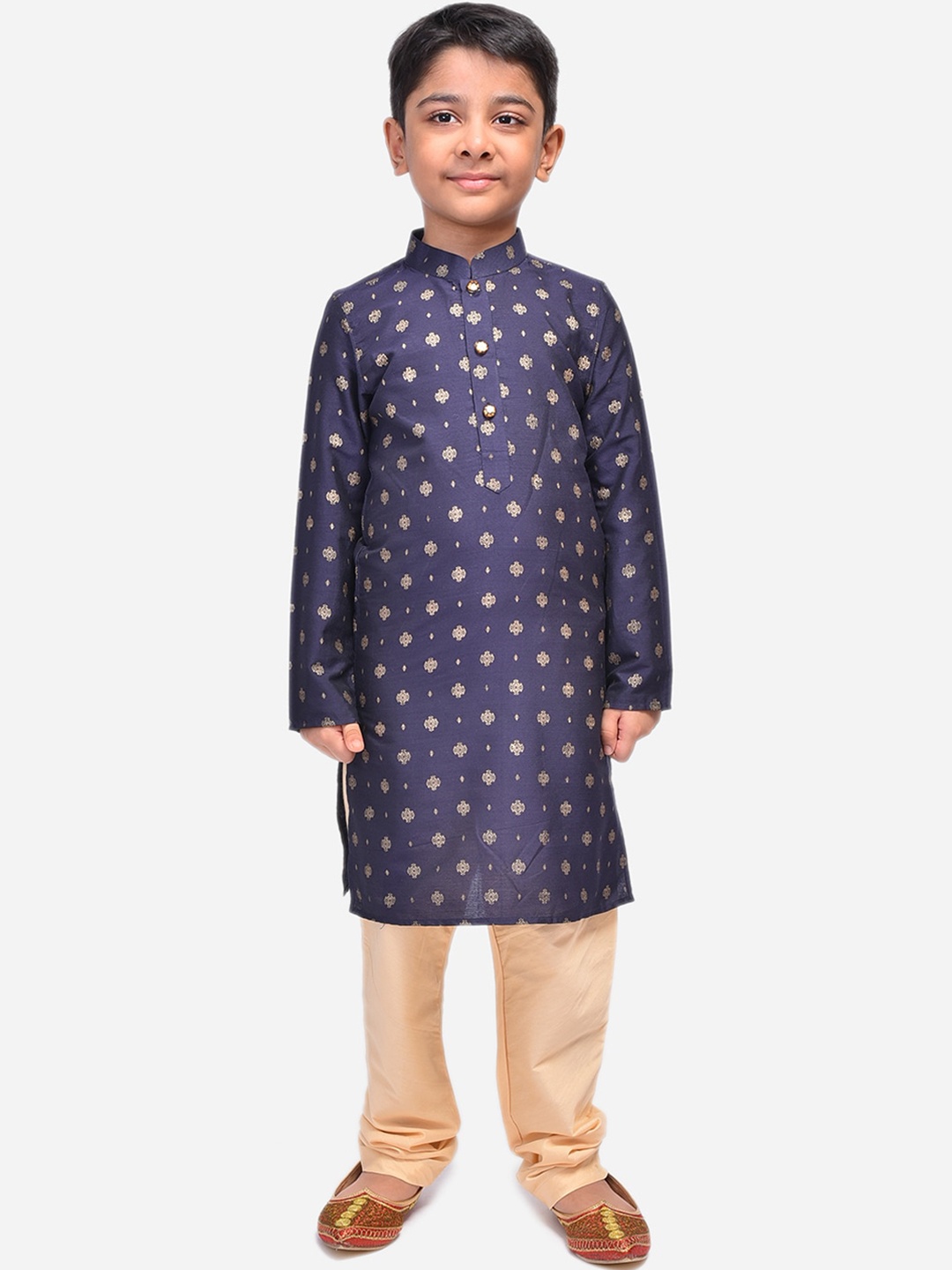 

NAMASKAR Boys Cotton Linen Solid Kurta with Churidar, Navy blue