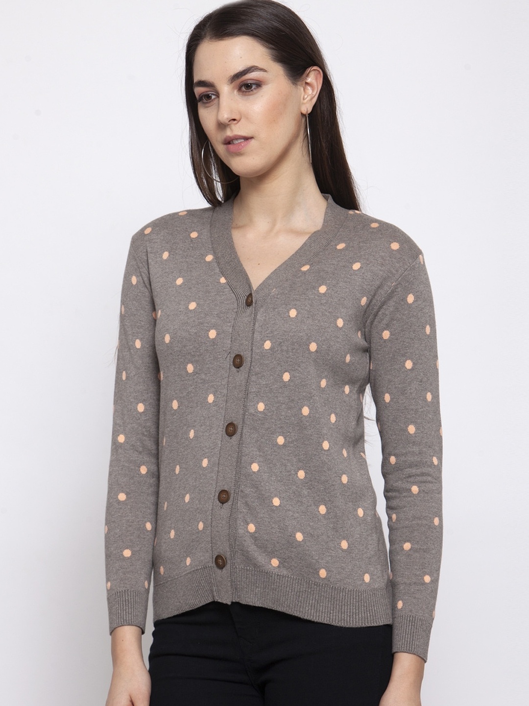 

Kalt Women Grey Printed Cotton Cardigan Sweater