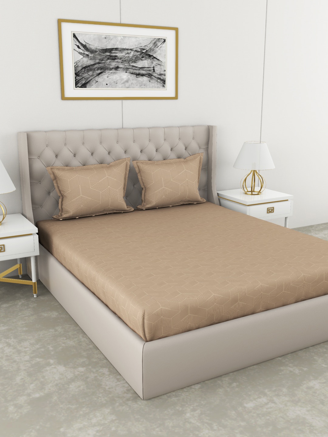 

BIANCA Khaki Geometric 210 TC Cotton 1 King Bedsheet with 2 Pillow Covers