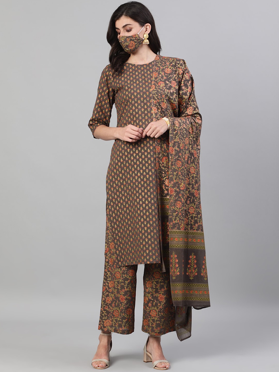 

Nayo Women Brown Printed Kurta with Palazzos & Dupatta