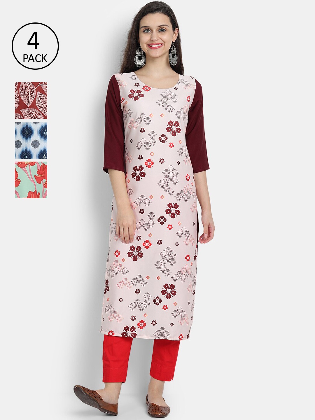

7threads Women Pack of 4 Floral Printed Straight Kurta, Multi
