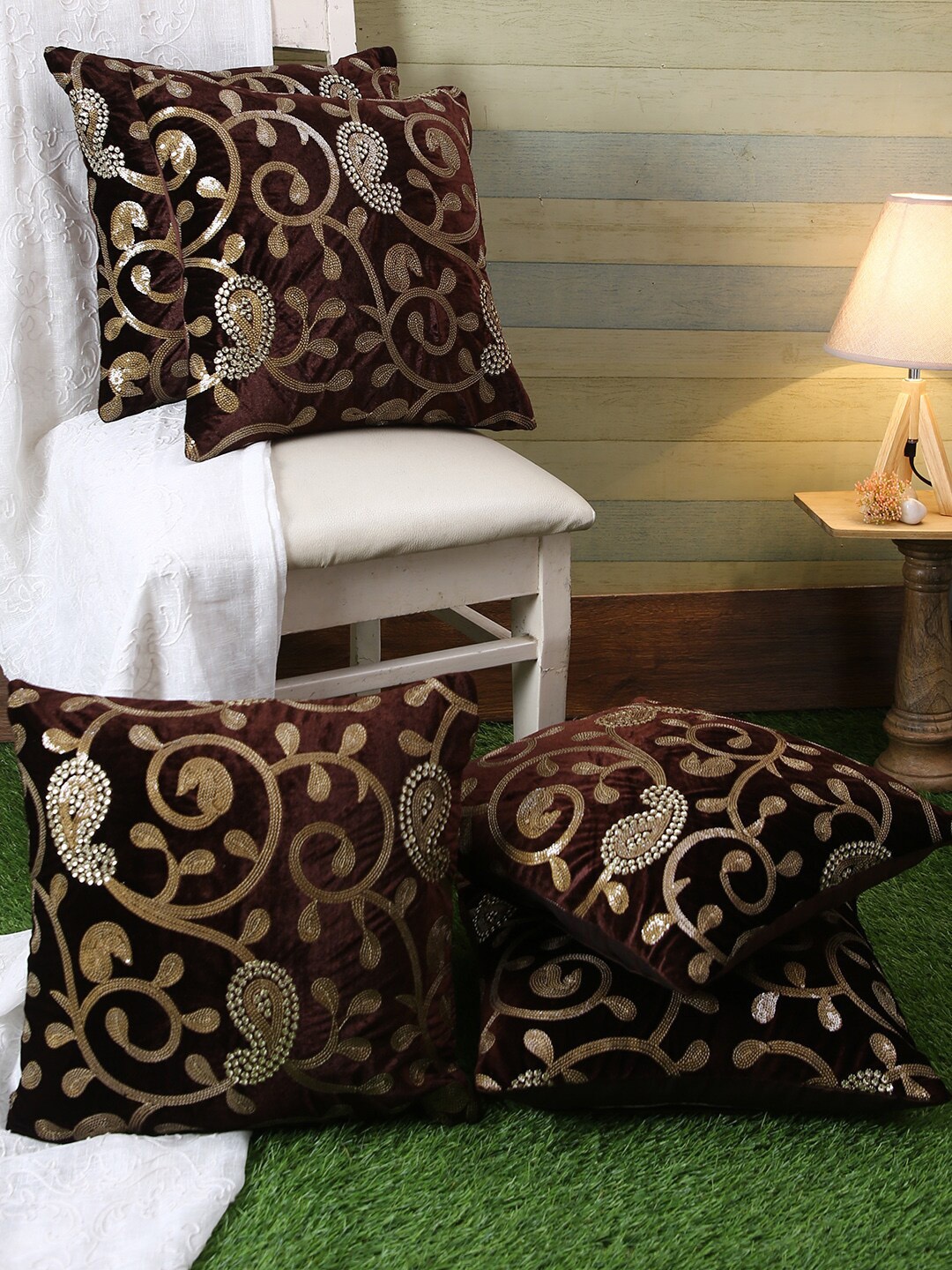 

ROMEE Coffee Brown & Gold-Toned Set of 5 Embroidered Square Cushion Covers