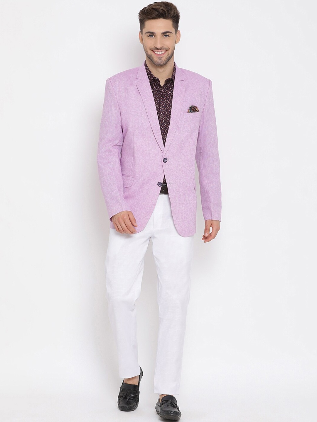 

Hangup Men Lavender-Coloured & White Solid Single-Breasted Three-Piece Party Suit