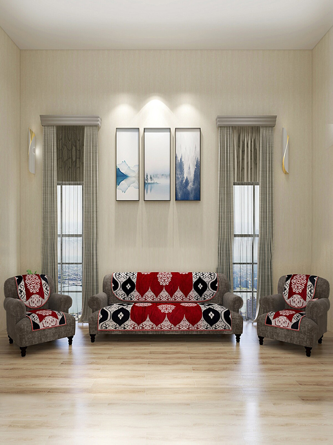 

ROMEE Set Of 6 Maroon & Black Damask Design Sofa Covers