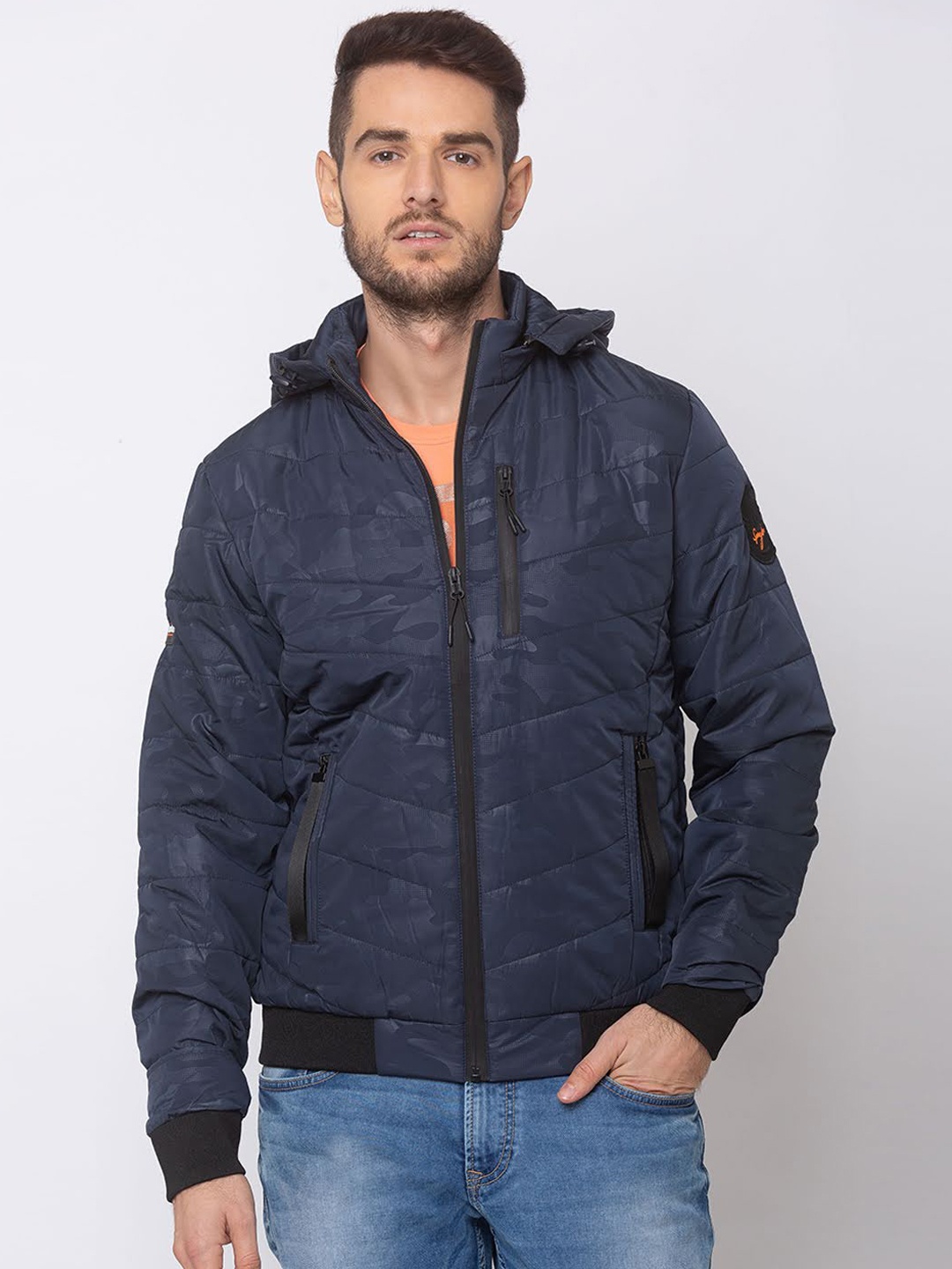 

SPYKAR Men Navy Blue Printed Padded Jacket