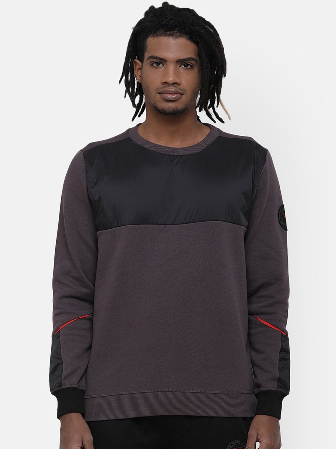 

Voi Jeans Men Charcoal Grey & Black Colourblocked Sweatshirt