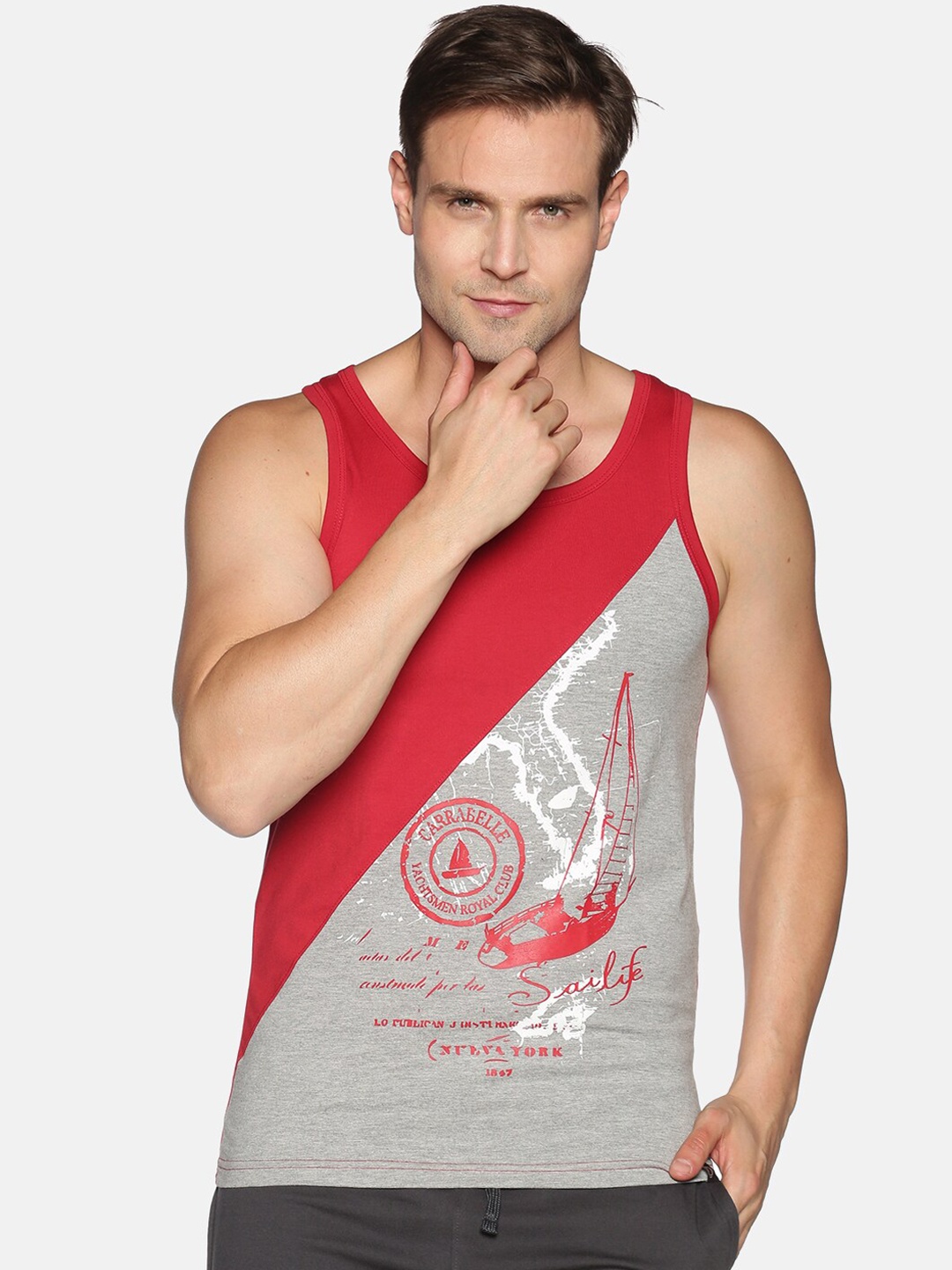 

Dollar Men Red & Grey Printed Tank Top Vest