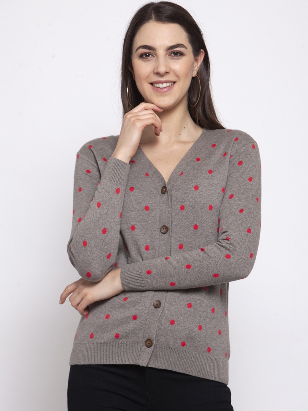

Kalt Women Grey Printed Cardigan Sweater