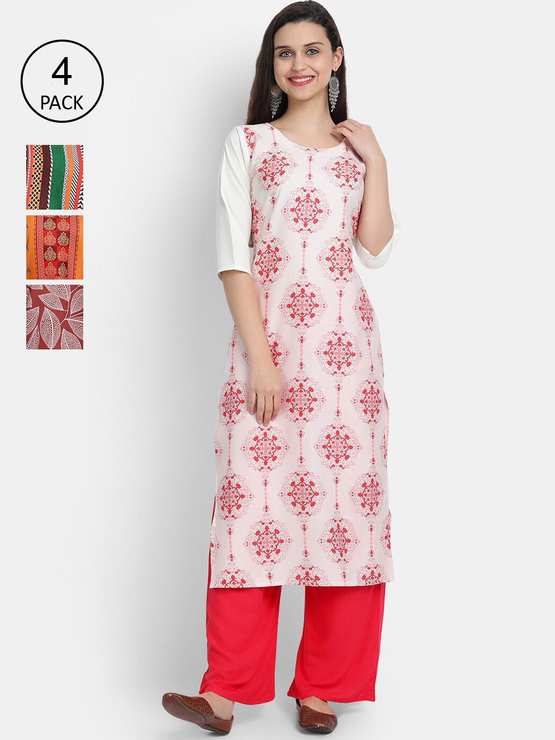 

7Threads Women Multicoloured Set of 4 Ethnic Motifs Printed Crepe Kurta, Multi