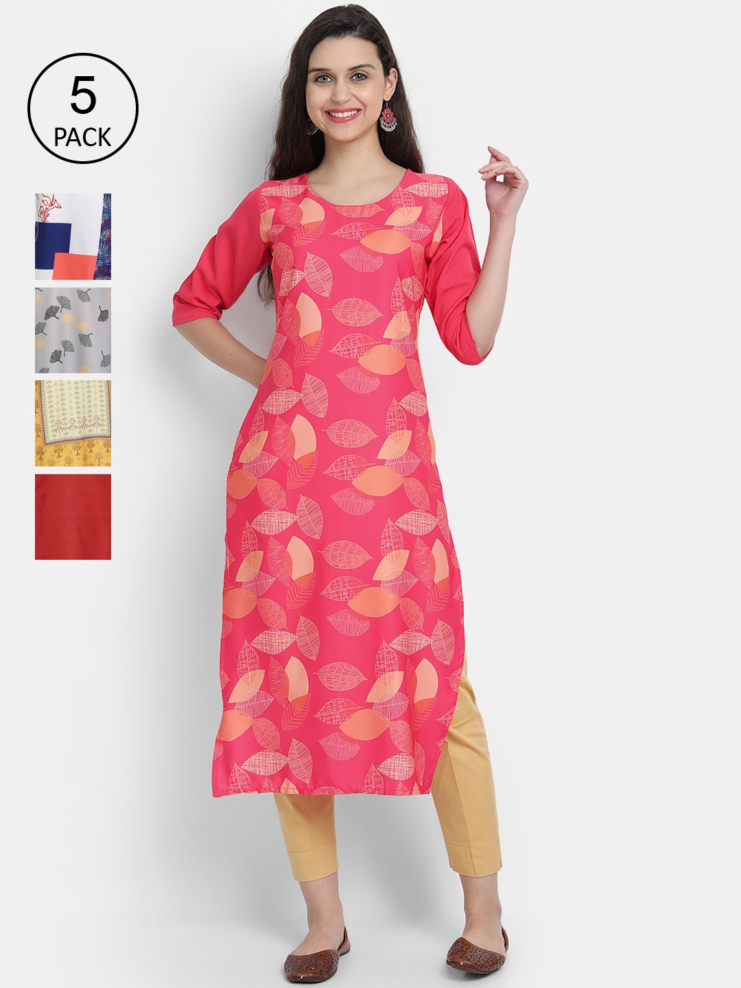 

7threads Women Multicoloured Pack of 5 Floral Printed Crepe Kurta, Multi