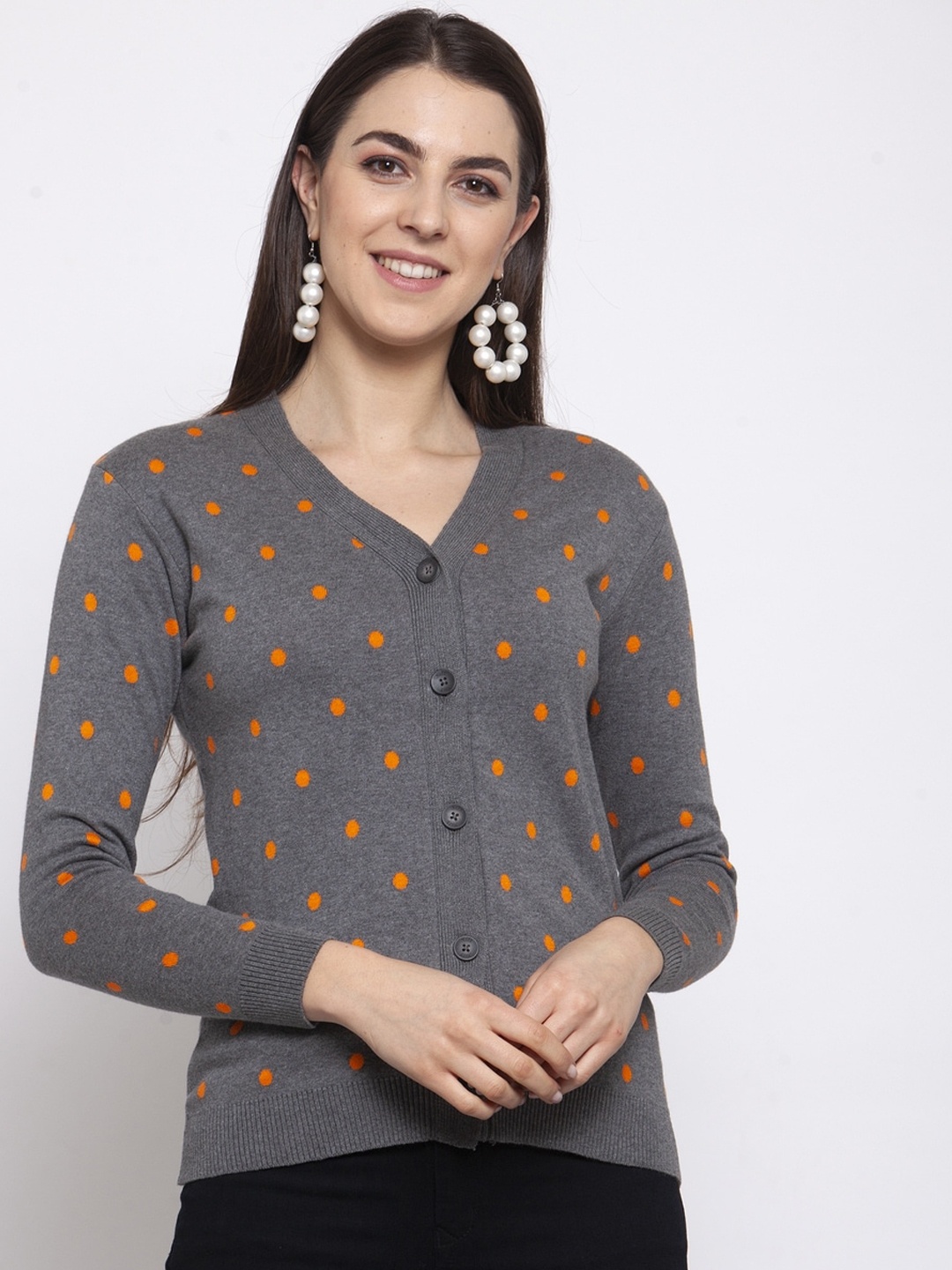 

Kalt Women Grey Printed Cardigan Sweater