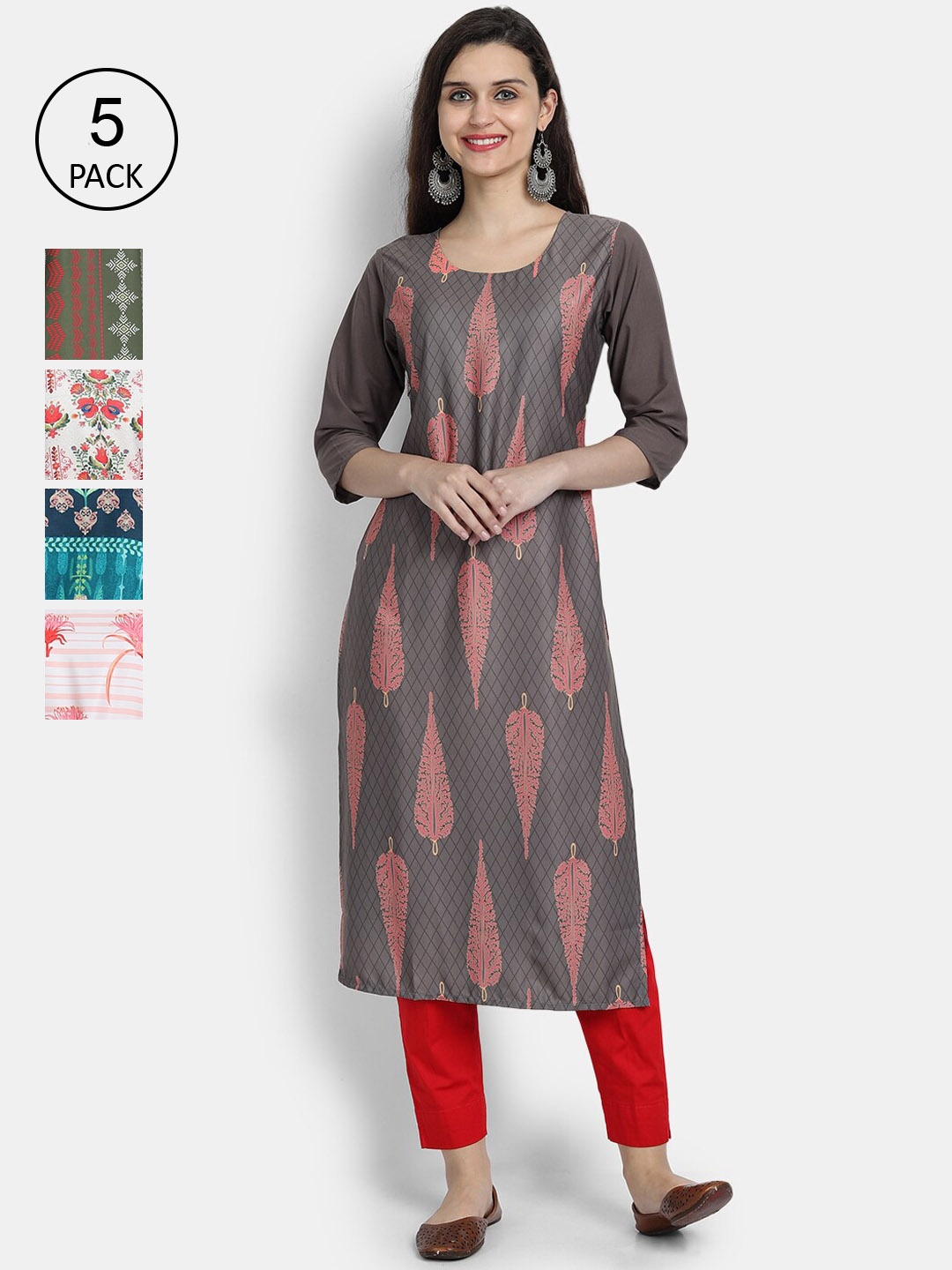 

7Threads Women Pack of 5 Multicoloured Ethnic Motifs Printed Crepe Kurta, Multi