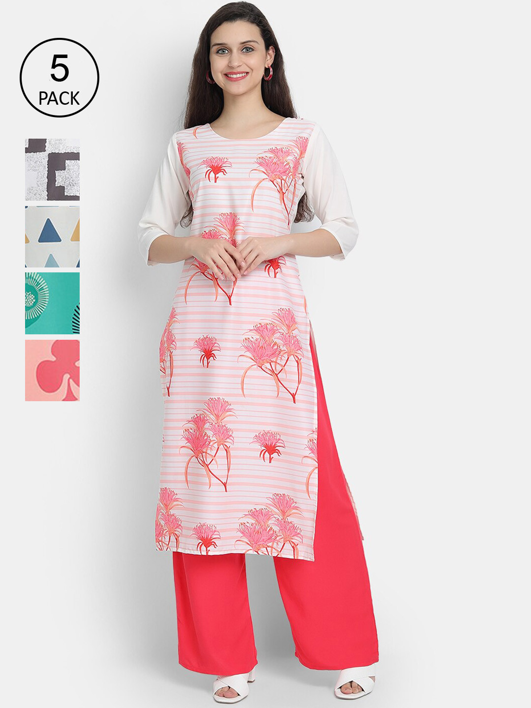 

7threads Women Pack of 5 Multicoloured Ethnic Motifs Printed Crepe Kurta, Multi