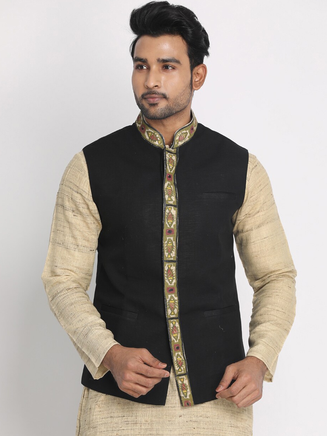 

Nakshi Men Black & Green Patachitra Painting Woven Nehru Jacket