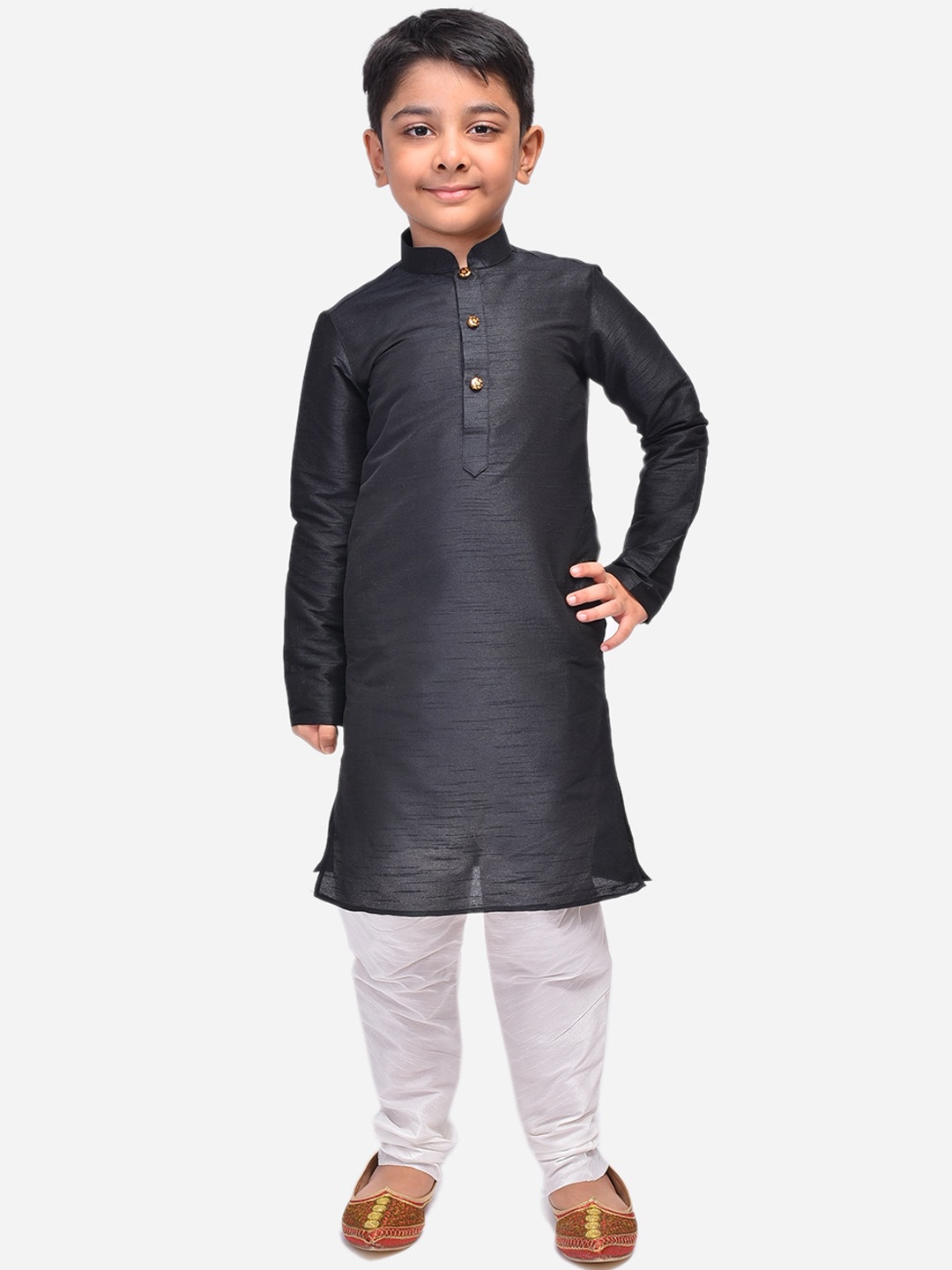 

NAMASKAR Boys Dupion Silk Solid Kurta with Churidar, Black
