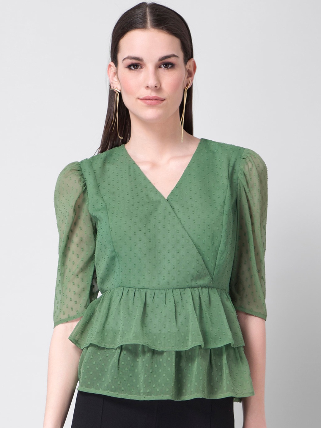 

Faballey Green Self Design Puff Sleeves Georgette Peplum Top