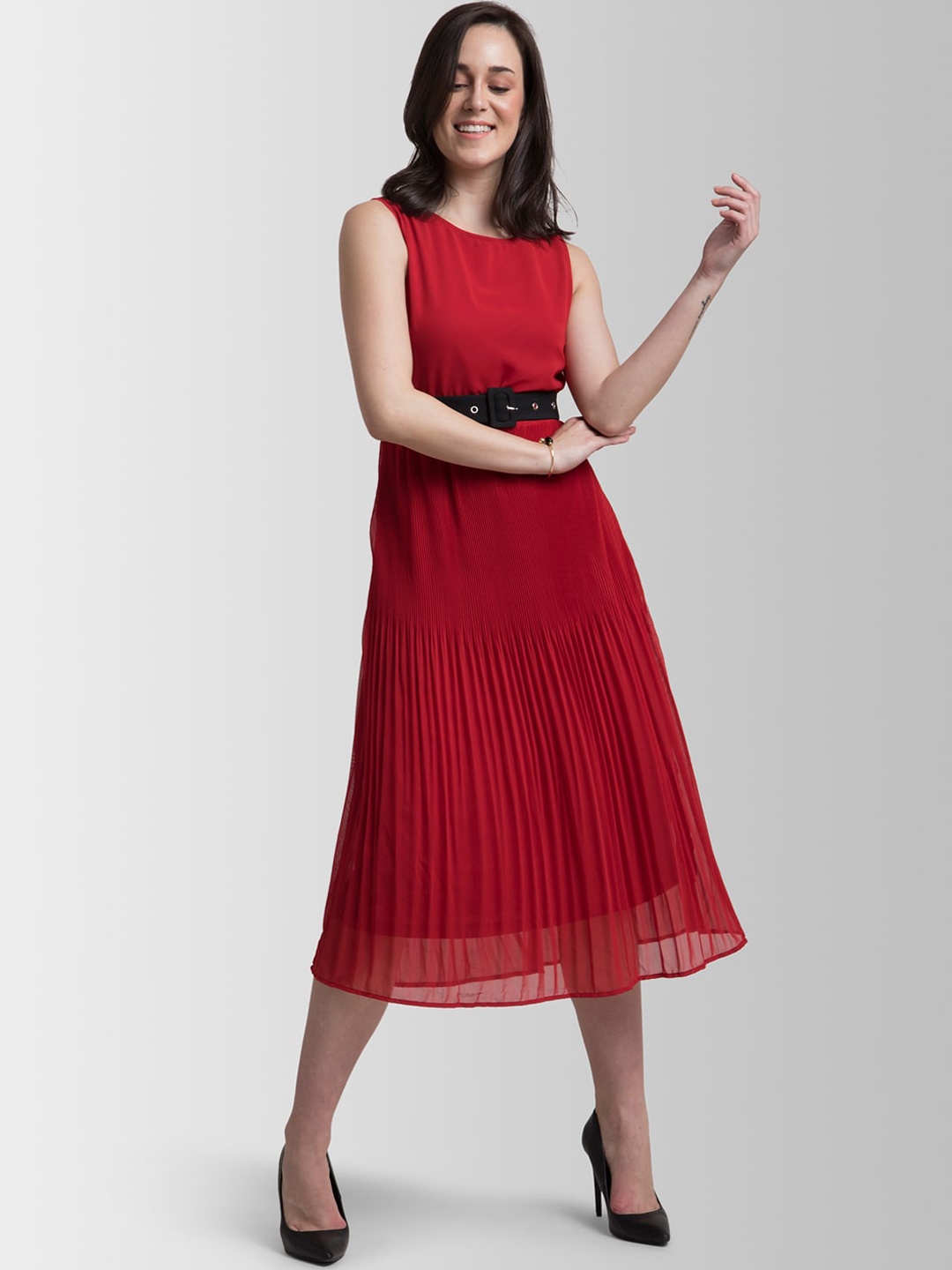 

FableStreet Women Red Solid Fit and Flare Dress