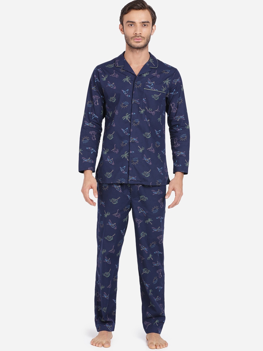 

Bene Kleed Men Navy Blue Printed Anti Bacterial Finish Night suit