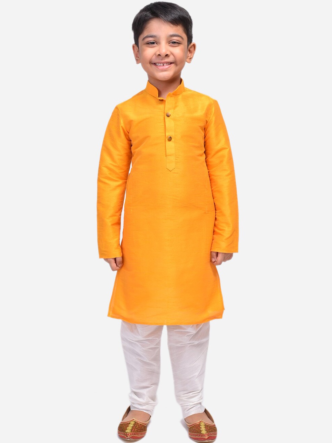 

NAMASKAR Boys Dupian Silk Solid Kurta with Churidar, Yellow