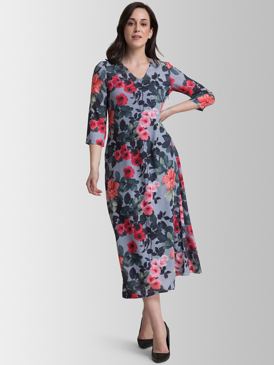 

FableStreet Women Grey Floral Printed A-Line Dress